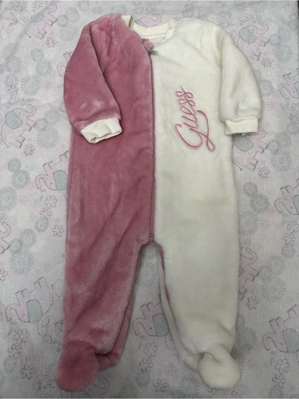 Guess Plush Baby Footed Sleeper in Pink and Cream